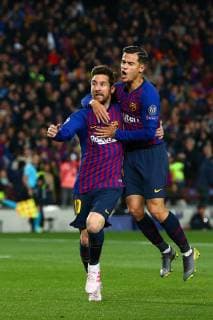 Lionel Messi of FC Barcelona Barca celebrates scoring the opening goal with team mate Philippe Coutinho during the UEFA Champions League match at Camp Nou, Barcelona. Picture date: 16th April 2019. Picture credit should read: Craig Mercer Sportimage EDITORIAL USE ONLY. No use with unauthorised audio, video, data, fixture lists, club league logos or live services. Online in-match use limited to 120 images, no video emulation. No use in betting, games or single club league player publications. SPI-0042-0016