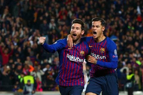 Lionel Messi of FC Barcelona Barca celebrates scoring the opening goal with team mate Philippe Coutinho during the UEFA Champions League match at Camp Nou, Barcelona. Picture date: 16th April 2019. Picture credit should read: Craig Mercer Sportimage EDITORIAL USE ONLY. No use with unauthorised audio, video, data, fixture lists, club league logos or live services. Online in-match use limited to 120 images, no video emulation. No use in betting, games or single club league player publications. SPI-0042-0017
