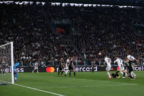 Cristiano Ronaldo of Juventus scores to give the side a 1-0 lead during the UEFA Champions League match at Allianz Stadium, Turin. Picture date: 16th April 2019. Picture credit should read: Jonathan Moscrop Sportimage EDITORIAL USE ONLY. No use with unauthorised audio, video, data, fixture lists, club league logos or live services. Online in-match use limited to 120 images, no video emulation. No use in betting, games or single club league player publications. SPI-0036-0002