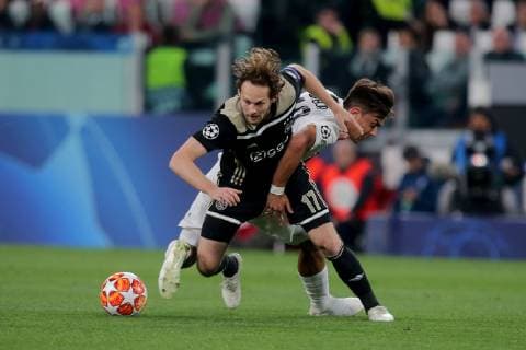 Turin Italy 16 04 2019 UEFA Champions League 2018 19 Season Quarter-finals 2 Round Juventus Turin Ajax Amsterdam Daley Blind Ajax and Paulo Dybala JUV in a duel DeFodi541