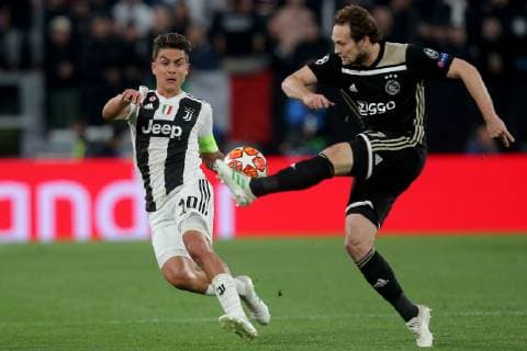 Turin Italy 16 04 2019 UEFA Champions League 2018 19 Season Quarter-finals 2 Round Juventus Turin Ajax Amsterdam Paulo Dybala JUV and Daley Blind Ajax in a duel DeFodi541