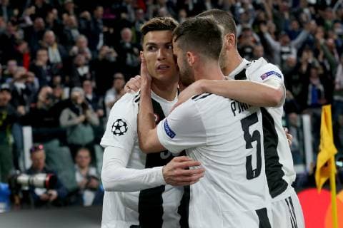 Turin Italy 16 04 2019 UEFA Champions League 2018 19 Season Quarter-finals 2 Round Juventus Turin Ajax Amsterdam Christiano Ronaldo JUV and Miralem Pjanic JUV cheer after 1 0 DeFodi541