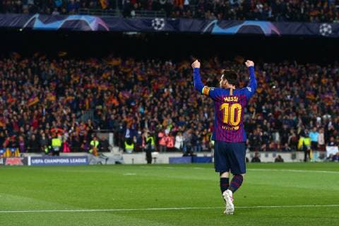 Lionel Messi of FC Barcelona Barca celebrates scoring the opening goal during the UEFA Champions League match at Camp Nou, Barcelona. Picture date: 16th April 2019. Picture credit should read: Craig Mercer Sportimage EDITORIAL USE ONLY. No use with unauthorised audio, video, data, fixture lists, club league logos or live services. Online in-match use limited to 120 images, no video emulation. No use in betting, games or single club league player publications. SPI-0042-0024