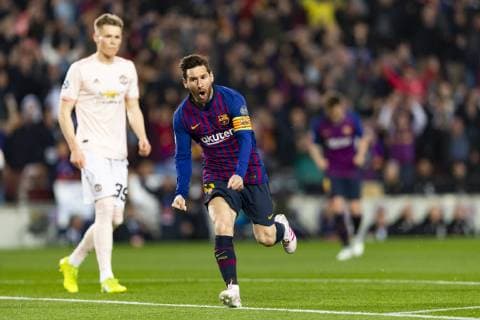 16 04 2019 xslx Football Champions League FC Barcelona Manchester United FC emspor v l Lionel Messi FC Barcelona Cheers after the goal to 1 0 DFL DFL REGULATIONS PROHIBIT ANY USE OF PHOTOGRAPHS as IMAGE SEQUENCES and or QUASI VIDEO Barcelona