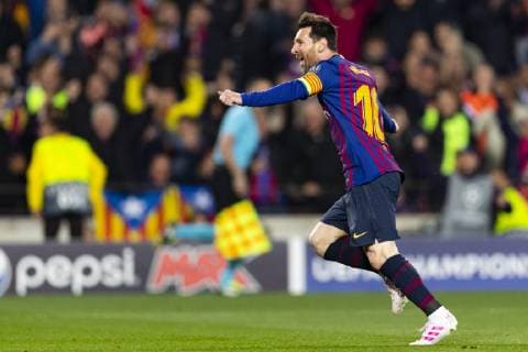 16 04 2019 xslx Football Champions League FC Barcelona Manchester United FC emspor v l Lionel Messi FC Barcelona Cheers after the goal to the 2 0 DFL DFL REGULATIONS PROHIBIT ANY USE OF PHOTOGRAPHS as IMAGE SEQUENCES and or QUASI VIDEO Barcelona