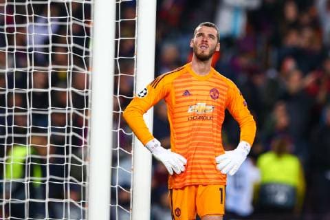 David De Gea of Manchester United ManU reacts as he watches a replay of FC Barcelona Barca s second goal during the UEFA Champions League match at Camp Nou, Barcelona. Picture date: 16th April 2019. Picture credit should read: Craig Mercer Sportimage EDITORIAL USE ONLY. No use with unauthorised audio, video, data, fixture lists, club league logos or live services. Online in-match use limited to 120 images, no video emulation. No use in betting, games or single club league player publications. SPI-0042-0028