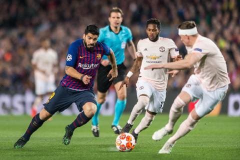 Barcelona Spain 16 04 2019 UEFA Champions League 2018 19 Season Quarter Final 2 Round FC Barcelona Manchester United Luis Suarez Barcelona Fred Manchester United and Phil Jones Manchester United battle for the ball DeFodi059