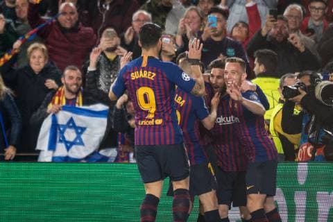 Barcelona Spain 16 04 2019 UEFA Champions League 2018 19 Season Quarterfinals 2 Round FC Barcelona Manchester United Lionel Messi Barcelona celebrates his team s first goal with teammates DeFodi059