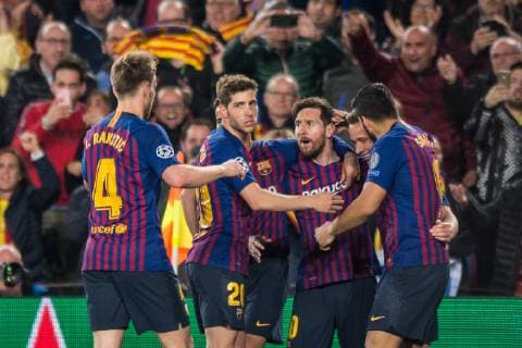 Barcelona Spain 16 04 2019 UEFA Champions League 2018 19 Season Quarterfinals 2 Round FC Barcelona Manchester United Lionel Messi Barcelona celebrates his team s first goal with teammates DeFodi059