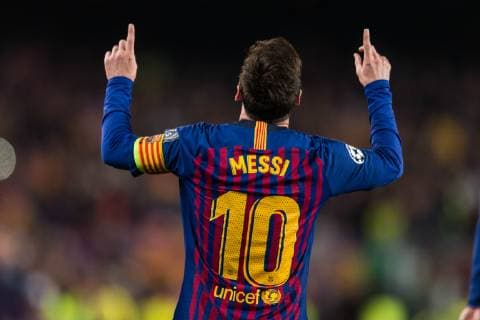 Barcelona Spain 16 04 2019 UEFA Champions League 2018 19 Season Quarter Final 2 Round FC Barcelona Manchester United Lionel Messi Barcelona celebrates his team s second goal DeFodi059