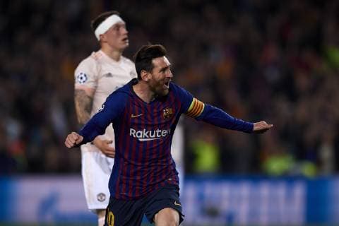 April 16, 2019 - Barcelona, Catalonia, Spain - Lionel Messi of Barcelona celebrates after scoring his sides second goal during the UEFA Champions League Quarter Final second leg match between FC Barcelona Barca and Manchester United ManU at Camp Nou on April 16, 2019 in Barcelona, Spain. FC Barcelona v Manchester United - UEFA Champions League Quarter Final: Second Leg  - ZUMAn230 20190416_zaa_n230_268 Copyright: xJosexBretonx