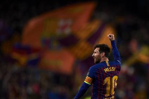 April 16, 2019 - Barcelona, Catalonia, Spain - Lionel Messi of Barcelona celebrates after scoring his sides second goal during the UEFA Champions League Quarter Final second leg match between FC Barcelona Barca and Manchester United ManU at Camp Nou on April 16, 2019 in Barcelona, Spain. FC Barcelona v Manchester United - UEFA Champions League Quarter Final: Second Leg  - ZUMAn230 20190416_zaa_n230_271 Copyright: xJosexBretonx