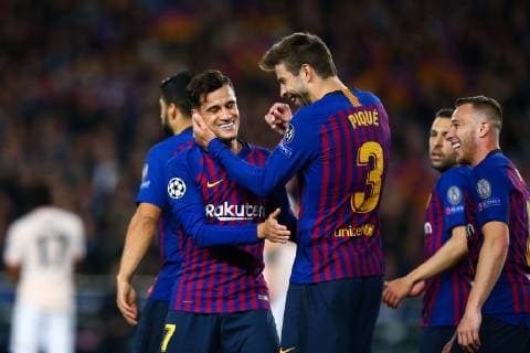 Philippe Coutinho of FC Barcelona Barca celebrates scoring his side s third goal with team-mate Gerard Pique during the UEFA Champions League match at Camp Nou, Barcelona. Picture date: 16th April 2019. Picture credit should read: Craig Mercer Sportimage EDITORIAL USE ONLY. No use with unauthorised audio, video, data, fixture lists, club league logos or live services. Online in-match use limited to 120 images, no video emulation. No use in betting, games or single club league player publications. SPI-0042-0035