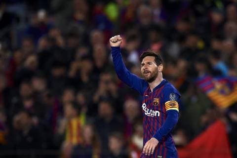 April 16, 2019 - Barcelona, Catalonia, Spain - Lionel Messi of Barcelona celebrates after scoring his sides first goal during the UEFA Champions League Quarter Final second leg match between FC Barcelona Barca and Manchester United ManU at Camp Nou on April 16, 2019 in Barcelona, Spain. FC Barcelona v Manchester United - UEFA Champions League Quarter Final: Second Leg  - ZUMAn230 20190416_zaa_n230_278 Copyright: xJosexBretonx