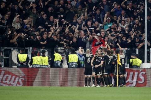 TORINO, Football,16-04-2019, Allianz Stadium . Champions League quarter finals second leg Juventus - Ajax. Ajax celebrating with supporters fans during the game Juventus - Ajax . Juventus - Ajax  x3200301x