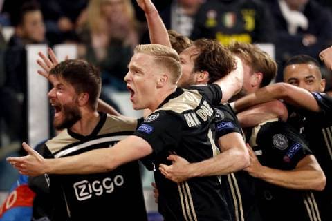 TORINO, Football,16-04-2019, Allianz Stadium . Champions League quarter finals second leg Juventus - Ajax. Ajax player Donny van de Beek (C) celebrating the 1-2 during the game Juventus - Ajax . Juventus - Ajax  x3200306x