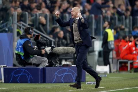 TORINO, Football,16-04-2019, Allianz Stadium . Champions League quarter finals second leg Juventus - Ajax. Ajax trainer coach Erik ten Hag celebrating the 1-2 during the game Juventus - Ajax . Juventus - Ajax  x3200308x