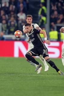 Turin Italy 16 04 2019 UEFA Champions League 2018 19 Season Quarter-finals 2 Round Juventus Turin Ajax Amsterdam Dusan Tadic Ajax and Daniele Rugani JUV in a duel DeFodi541