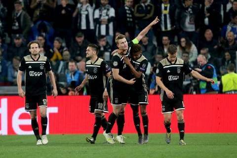 Turin Italy 16 04 2019 UEFA Champions League 2018 19 Season Quarter-finals 2 Round Juventus Turin Ajax Amsterdam Matthijs de Ligt Ajax and David Neres Ajax cheer after 1 2 DeFodi541