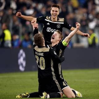 TORINO, Football,16-04-2019, Allianz Stadium . Champions League quarter finals second leg Juventus - Ajax. Ajax player Matthijs de Ligt (R) , Ajax player Lasse Schone (L) and Ajax player Joel Veltman (C) celebrating the win after the game Juventus - Ajax (1-2). Juventus - Ajax  x3200630x