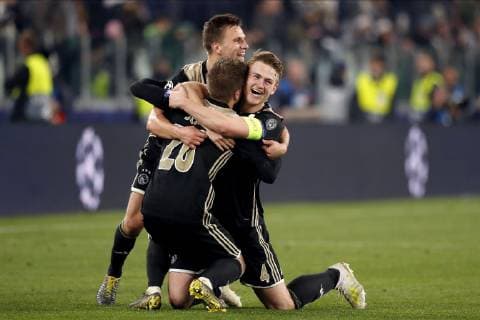 TORINO, Football,16-04-2019, Allianz Stadium . Champions League quarter finals second leg Juventus - Ajax. Ajax player Lasse Schone (C) Ajax player Joel Veltman (L) and Ajax player Matthijs de Ligt (R) celebrating the win after the game Juventus - Ajax (1-2). Juventus - Ajax  x3200653x