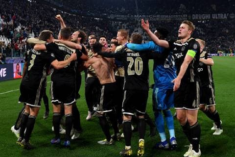 Ajax players celebrate the victory at the end of the Uefa Champions League 2018 2019 round of 8 second leg football match between Juventus FC and Ajax Amsterdam at Juventus stadium, Turin, March, 12, 2019 Foto Andrea Staccioli Insidefoto andreaxstaccioli