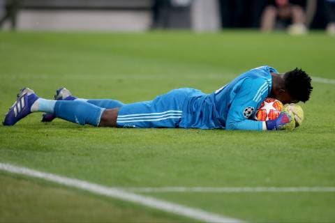 Turin Italy 16 04 2019 UEFA Champions League 2018 19 Season Quarter-finals 2 Round Juventus Turin Ajax Amsterdam Goalkeeper Andre Onana Ajax on floor DeFodi541