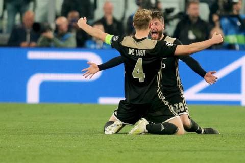 Turin Italy 16 04 2019 UEFA Champions League 2018 19 Season Quarter-finals 2 Round Juventus Turin Ajax Amsterdam Matthijs de Ligt Ajax and Lasse Schoene Ajax cheer DeFodi541