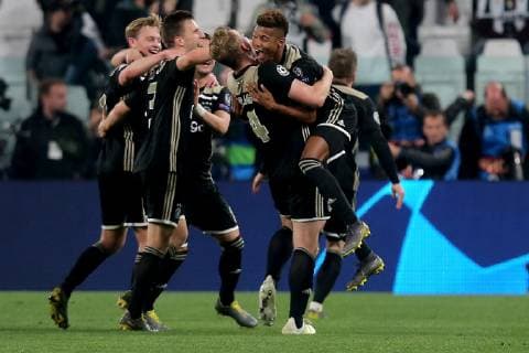 Turin Italy 16 04 2019 UEFA Champions League 2018 19 Season Quarter-finals 2 Round Juventus Turin Ajax Amsterdam Matthijs de Ligt Ajax and David Neres Ajax cheer DeFodi541