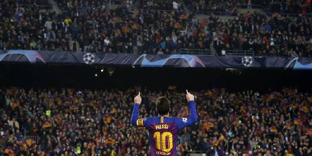 Partido de vuelta de cuartos de final de la Liga de Campeones entre el Barcelona y el Manchester United ManU En la imagen, celebracion de Messi tras marcar. Champions League 1 8 second leg match between Barcelona and Manchester United. In this picture, Messi celebrates after scoring. 