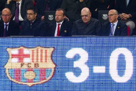 Manchester United ManU owners Avram and Joel Glazer sit with chief executive Ed Woodward with the scoreboard reading 3-0 during the UEFA Champions League match at Camp Nou, Barcelona. Picture date: 16th April 2019. Picture credit should read: Craig Mercer Sportimage EDITORIAL USE ONLY. No use with unauthorised audio, video, data, fixture lists, club league logos or live services. Online in-match use limited to 120 images, no video emulation. No use in betting, games or single club league player publications. SPI-0042-0058