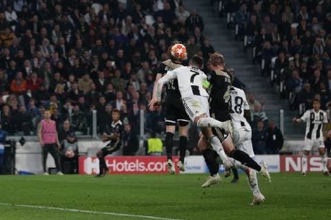 Cristiano Ronaldo of Juventus appears to be bundled over in the penalty area by Matthijs de Ligt of Ajax during the UEFA Champions League match at Allianz Stadium, Turin. Picture date: 16th April 2019. Picture credit should read: Jonathan Moscrop Sportimage EDITORIAL USE ONLY. No use with unauthorised audio, video, data, fixture lists, club league logos or live services. Online in-match use limited to 120 images, no video emulation. No use in betting, games or single club league player publications. SPI-0036-0029