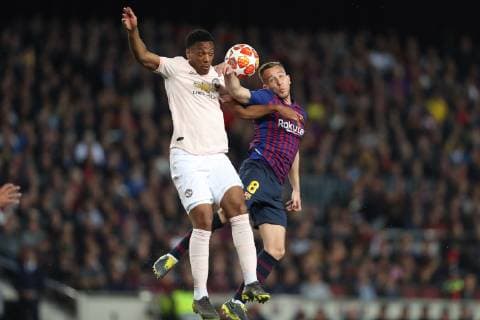 April 16, 2019 - Barcelona, Catalonia, Spain - April 16, 2019 - Barcelona - Spain - Arthur of FC Barcelona Barca Duels for the ball with Anthony Martial of Manchester United ManU during the UEFA Champions League, quarter-finals, 2nd leg football match between FC Barcelona and Manchester United FC on April 16, 2019 at Camp Nou stadium in Barcelona, Spain Football - UEFA Champions League - FC Barcelona vs Manchester United FC  - ZUMAb169 20190416_zaa_b169_016 Copyright: xManuelxBlondeau Aop.Pressx