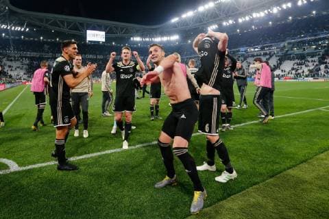 Lisandro Magallan of Ajax, Matthijs de Ligt of Ajax, Dusan Tadic of Ajax, Donny van de Beek of Ajax during the UEFA Champions League quarter final match between Juventus FC and Ajax Amsterdam at the Allianz Arena on April 16, 2019 in Turin, Italy UEFA Champions League 2018 2019 xVIxVIxImagesx xTomxBodexMultimediaxIVx 14216519