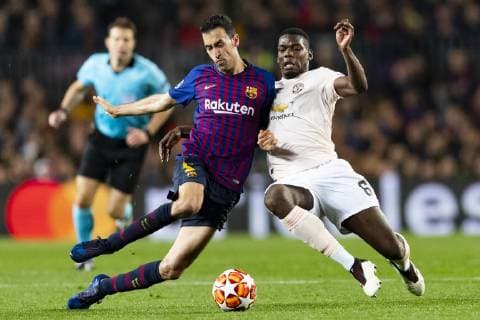 16 04 2019 xslx Football Champions League FC Barcelona Manchester United FC emspor v l Sergio Busquets FC Barcelona Paul Pogba Manchester United DFL DFB REGULATIONS PROHIBIT ANY USE OF PHOTOGRAPHS as IMAGE SEQUENCES and or QUASI VIDEO Barcelona