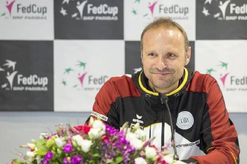 (190417) -- RIGA, April 17, 2019 -- Jens Gerlach, captain of Team Germany to the Feb Cup tennis tournament, reacts during a press conference PK Pressekonferenz prior to the Fed Cup in Riga, Latvia, April 16, 2019. Jens Gerlach announced that Angelique Kerber will not take part in the Fed Cup matches due to health reason. ) (SP)LATVIA-RIGA-TENNIS-FEB CUP-PRESS CONFERENCE EdijsxPalens 