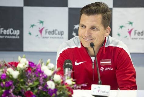 (190417) -- RIGA, April 17, 2019 -- Adrians Zguns, captain of Team Latvia to the Feb Cup tennis tournament, reacts during a press conference PK Pressekonferenz prior to the Fed Cup in Riga, Latvia, April 16, 2019. ) (SP)LATVIA-RIGA-TENNIS-FEB CUP-PRESS CONFERENCE EdijsxPalens 