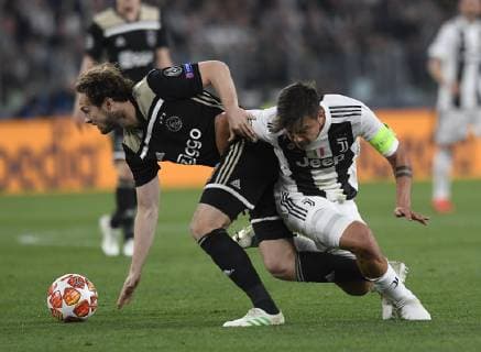 (190417) -- TURIN, April 17, 2019 -- FC Juventus s Paulo Dybala (R) vies with Ajax s Daley Blind during the UEFA Champions League quarterfinal second leg match between FC Juventus and Ajax in Turin, Italy, on April 16, 2019. Ajax won 2-1 and entered the semifinal with a total score of 3-2. ) (SP)ITALY-TURIN-SOCCER-UEFA CHAMPIONS LEAGUE-JUVENTUS VS AJAX AlbertoxLingria 