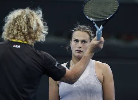 FED CUP PRACTICE SESSIONS, Aryna Sabalenka of Belarus gets some tips from coach Dimitri Tursunov during a practice session at the Queensland Tennis Centre in Brisbane, Wednesday, April 17, 2018. Australia are playing against Belarus in the semi-final of the Fed Cup starting on Saturday in Brisbane. ( NO ARCHIVING, EDITORIAL USE ONLY, NO USE IN BOOKS WITHOUT CONSENT BRISBANE QLD AUSTRALIA  Copyright: xREGIxVARGHESEx 20190417001395546912