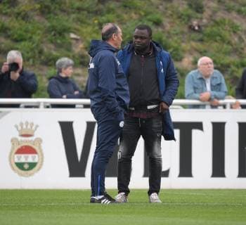 17 04 2019 Football GER 1 Bundesliga Season 2018 2019 Training FC Schalke 04 Coach Huub Stevens FC Schalke 04 li and Team Manager Gerald Asamoah Schalke 04 Team2
