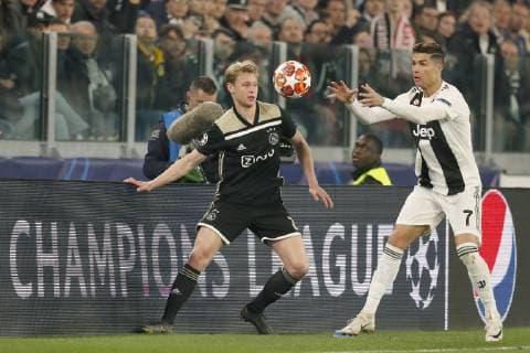 TORINO, Football,16-04-2019, Allianz Stadium . Champions League quarter finals second leg Juventus - Ajax. Ajax player Frenkie de Jong (L) with Juventus player Cristiano Ronaldo (R) during the game Juventus - Ajax (1-2). Juventus - Ajax x3202359x