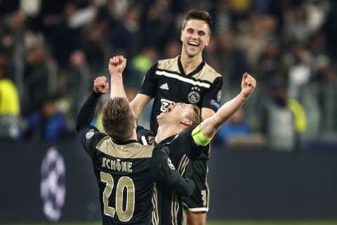 TORINO, Football,16-04-2019, Allianz Stadium . Champions League quarter finals second leg Juventus - Ajax. Ajax player Lasse Schone (L) and Ajax player Matthijs de Ligt (C) and Ajax player Joel Veltman (R) celebrating the win after the game Juventus - Ajax (1-2). Juventus - Ajax x3202371x
