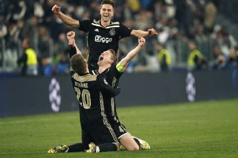 TORINO, Football,16-04-2019, Allianz Stadium . Champions League quarter finals second leg Juventus - Ajax. Ajax player Lasse Schone (L) Ajax player Matthijs de Ligt (C) and Ajax player Joel Veltman (R) celebrating the win after the game Juventus - Ajax (1-2). Juventus - Ajax x3202372x