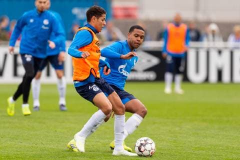 Gelsenkirchen Germany 17 04 2019 Training FC Schalke 04 Weston McKennie S04 and Amine Harit S04 in the duel DeFodi053