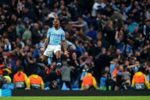 Football - 2018 2019 UEFA Champions League - Quarter-Final, Second Leg: Manchester City (0) vs. Tottenham Hotspur (1) Raheem Sterling of Manchester City celebrates scoring his sides first goal to make the score 1-0, at The Etihad. COLORSPORT PAUL GREENWOOD 