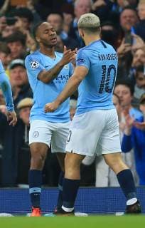 17th April 2019, Etihad Stadium, Manchester, England; UEFA Champions League football, quarter final 2nd leg, Manchester City versus Tottenham Hotspur; Raheem Sterling of Manchester City celebrates scoring the opening goal of the match in 4th minute with team mate Sergio Aguero of Manchester City  ActionPlus12124960 DavidxBlunsden