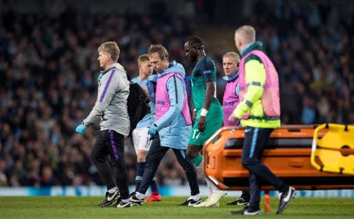 Moussa Sissoko of Spurs goes off injured during the UEFA Champions League QF 2nd leg match between Manchester City and Tottenham Hotspur at the Etihad Stadium, Manchester, England on 17 April 2019. Copyright: xAndyxRowlandx PMI-2761-0007