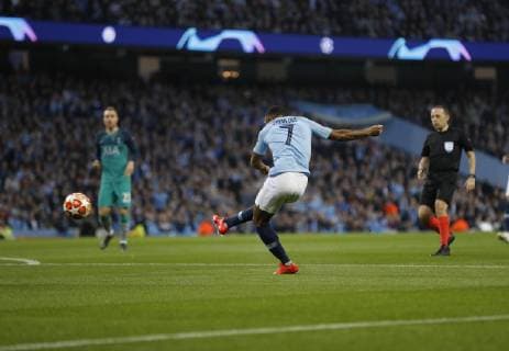 Raheem Sterling of Manchester City scores the first goal during the UEFA Champions League match at the Etihad Stadium, Manchester. Picture date: 17th April 2019. Picture credit should read: Darren Staples Sportimage EDITORIAL USE ONLY. No use with unauthorised audio, video, data, fixture lists, club league logos or live services. Online in-match use limited to 120 images, no video emulation. No use in betting, games or single club league player publications. SPI-0043-0010