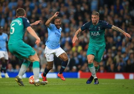 17th April 2019, Etihad Stadium, Manchester, England; UEFA Champions League football, quarter final 2nd leg, Manchester City versus Tottenham Hotspur; Raheem Sterling of Manchester City takes on Toby Alderweireld of Tottenham Hotspur  ActionPlus12124998 DavidxBlunsden