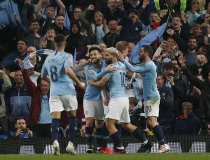 Sergio Aguero of Manchester City celebrates scoring the fourth goal during the UEFA Champions League match at the Etihad Stadium, Manchester. Picture date: 17th April 2019. Picture credit should read: Darren Staples Sportimage EDITORIAL USE ONLY. No use with unauthorised audio, video, data, fixture lists, club league logos or live services. Online in-match use limited to 120 images, no video emulation. No use in betting, games or single club league player publications. SPI-0043-0022
